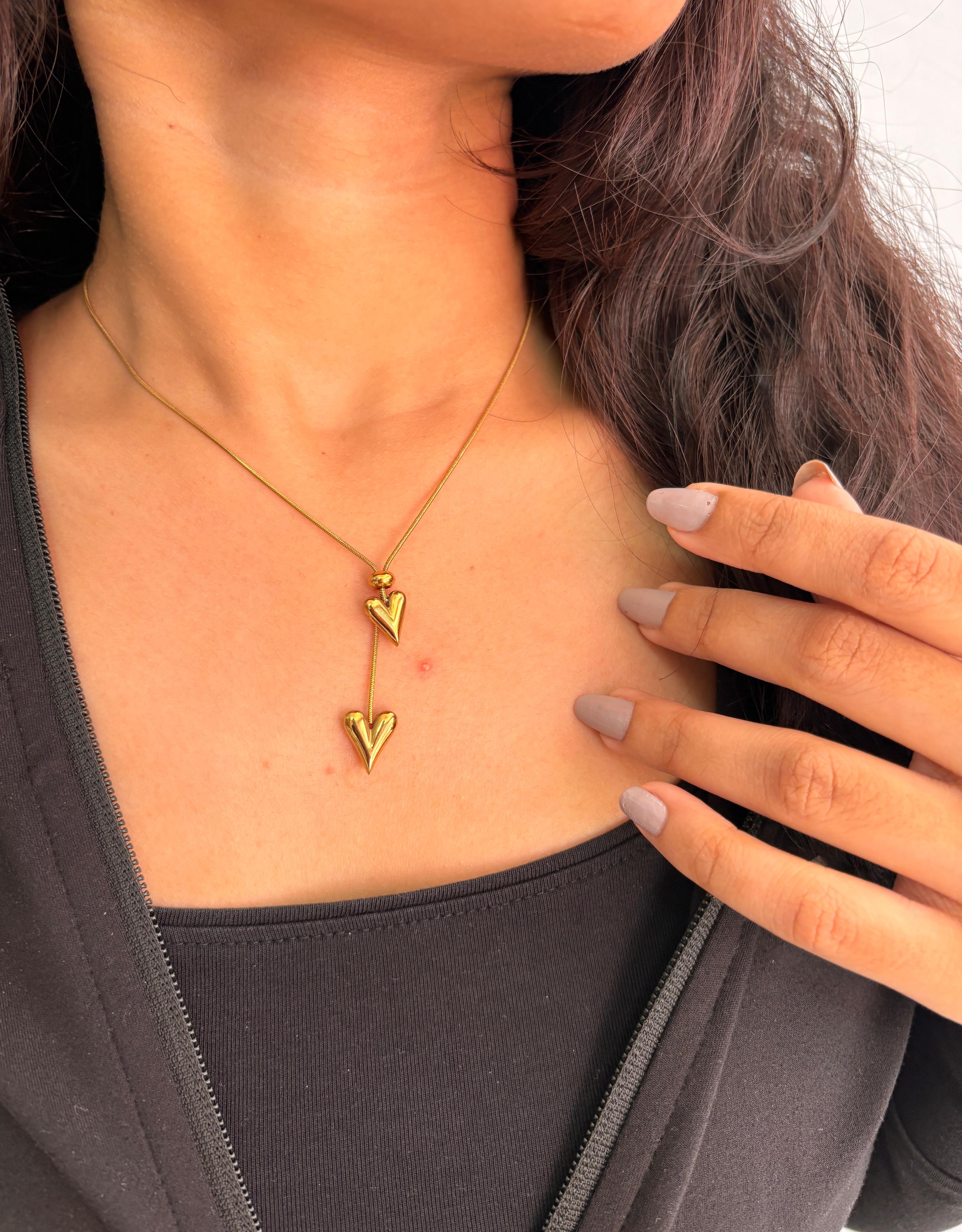 Double Heart Lariat Necklace