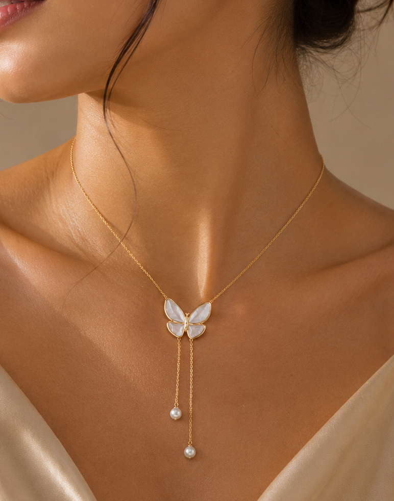 Luna Pearl Butterfly Lariat Necklace
