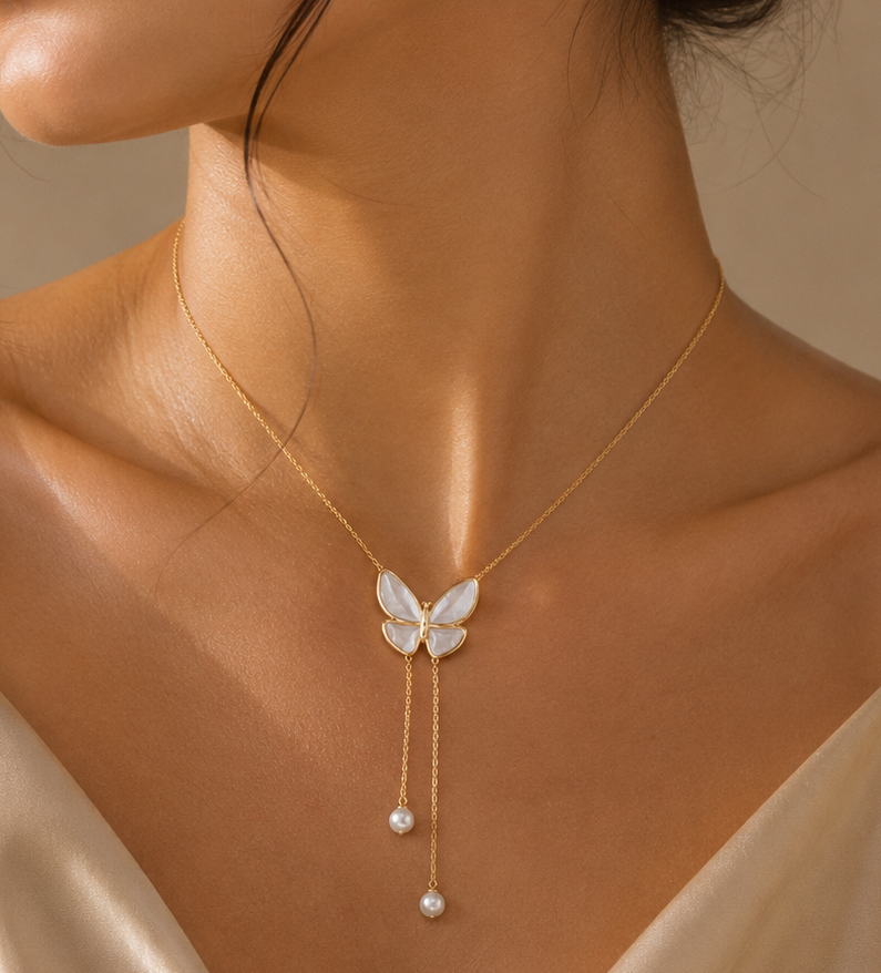 Luna Pearl Butterfly Lariat Necklace