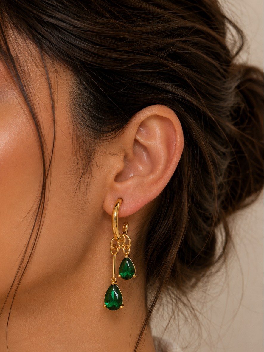 Emerald Drop Hoop Earrings