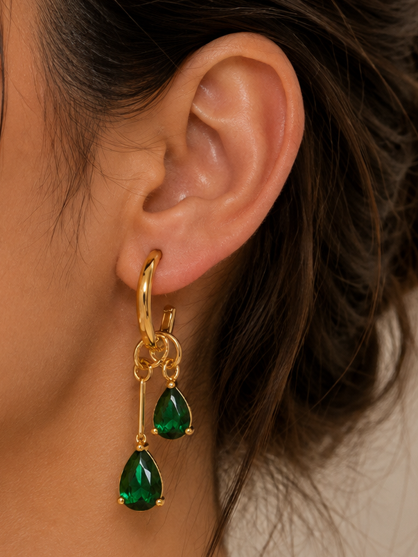 Emerald Drop Hoop Earrings