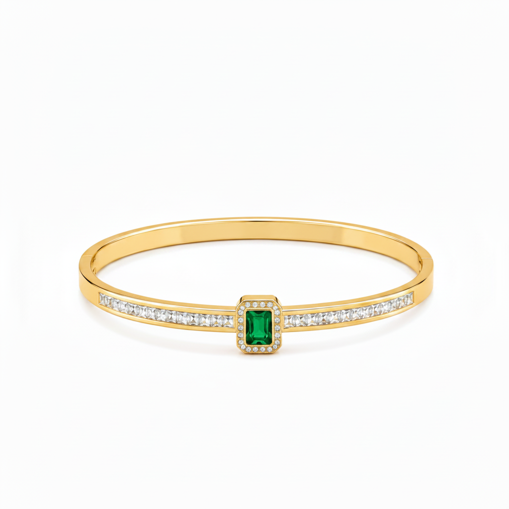 Green Stone Gold-Tone Crystal Pave Bracelet