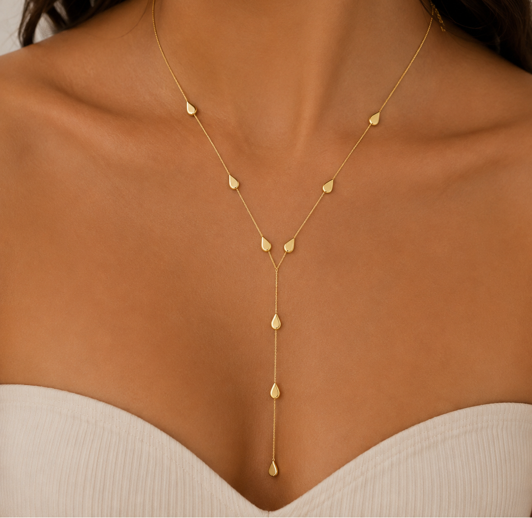 Gold Teardrop Lariat Necklace