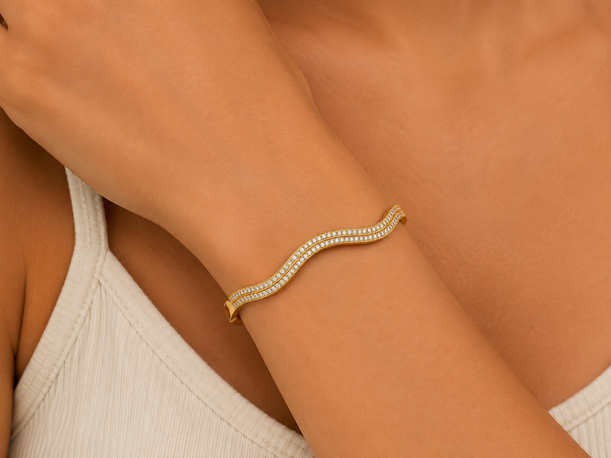Gold Wave Crystal Kada Bracelet