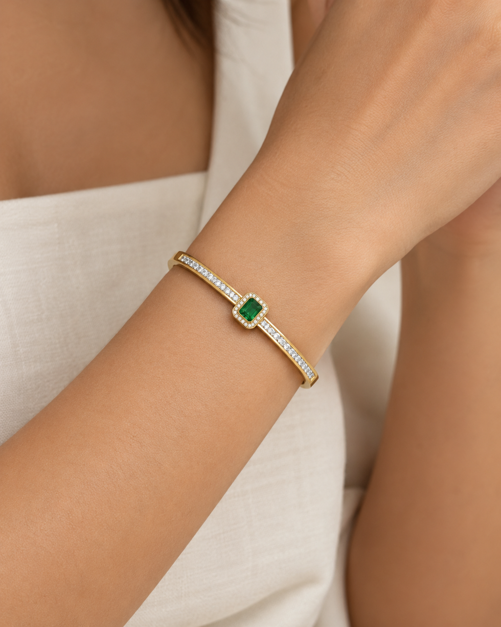 Green Stone Gold-Tone Crystal Pave Bracelet