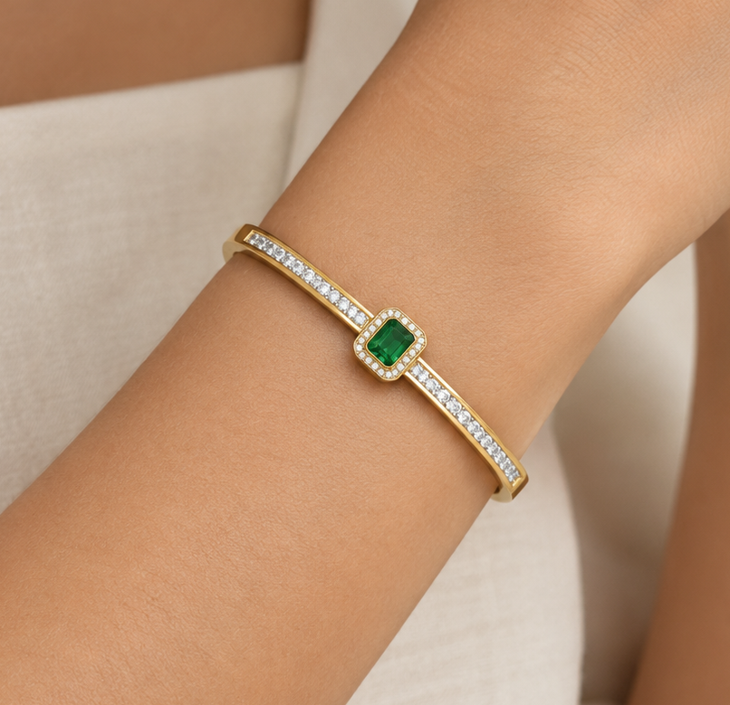 Green Stone Gold-Tone Crystal Pave Bracelet