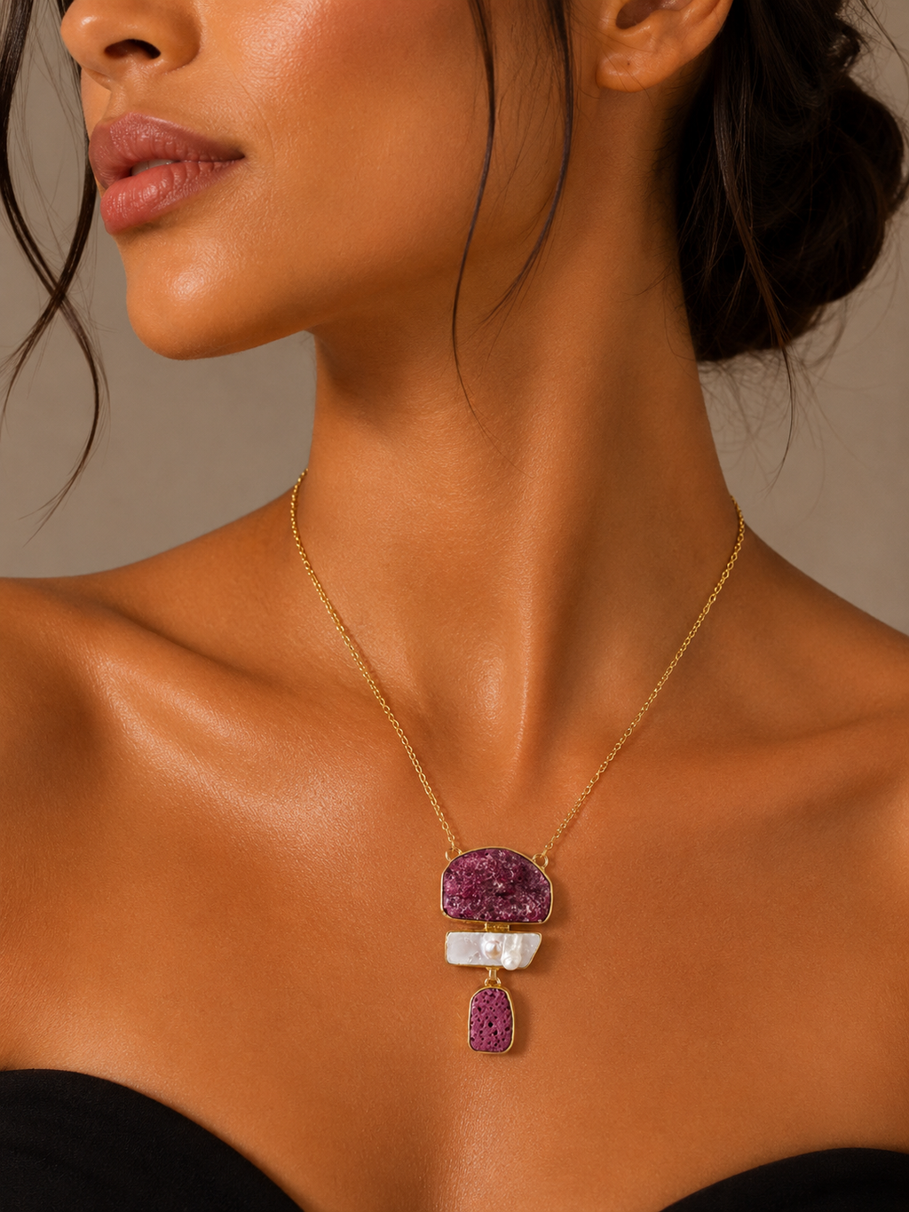 Berry Druzy Pearl Pendant Necklace