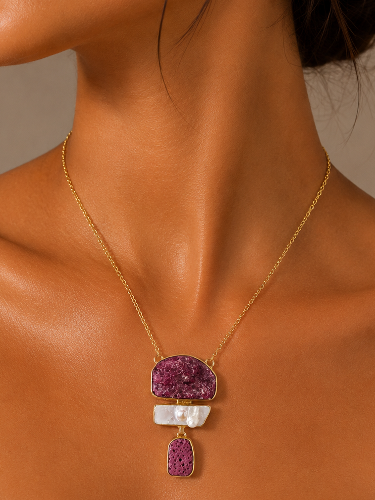 Berry Druzy Pearl Pendant Necklace