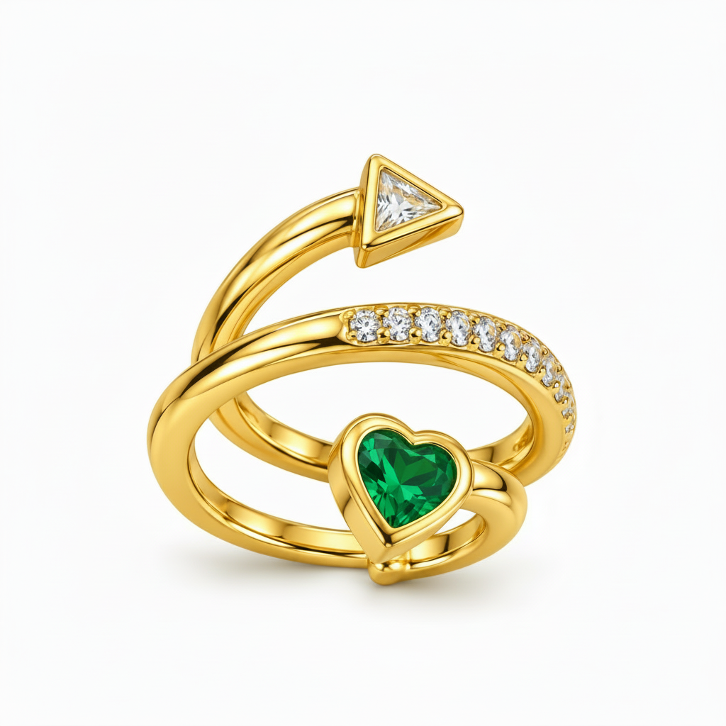 Emerald Heart & Crystal Crossover Ring