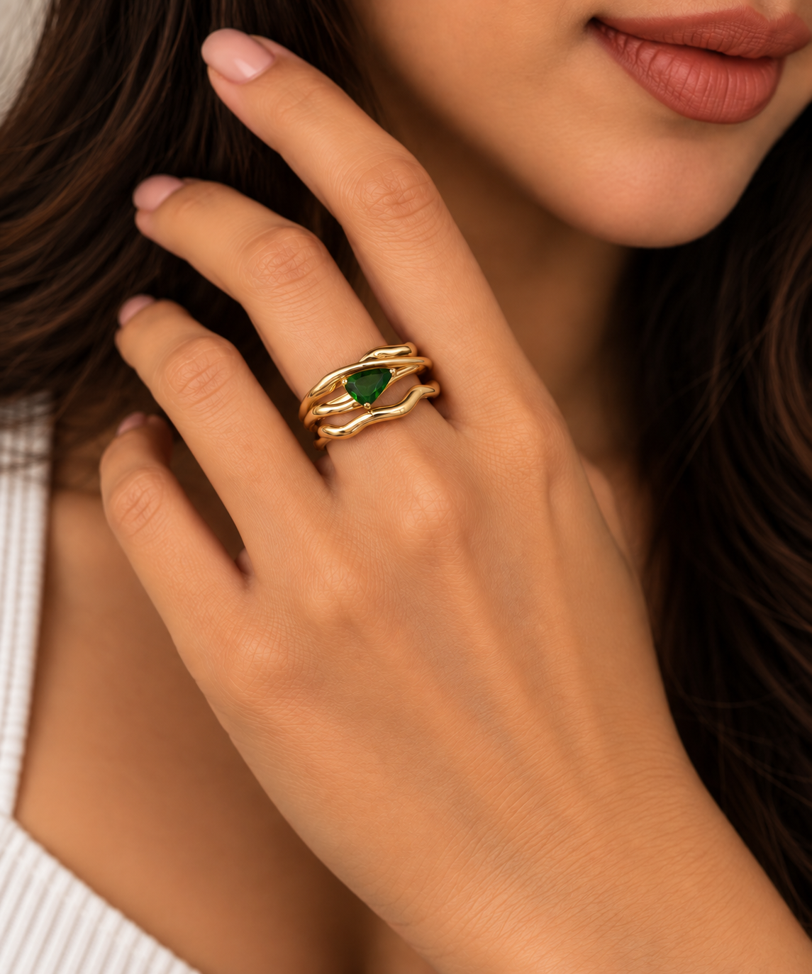 Emerald Twist Crossover Ring