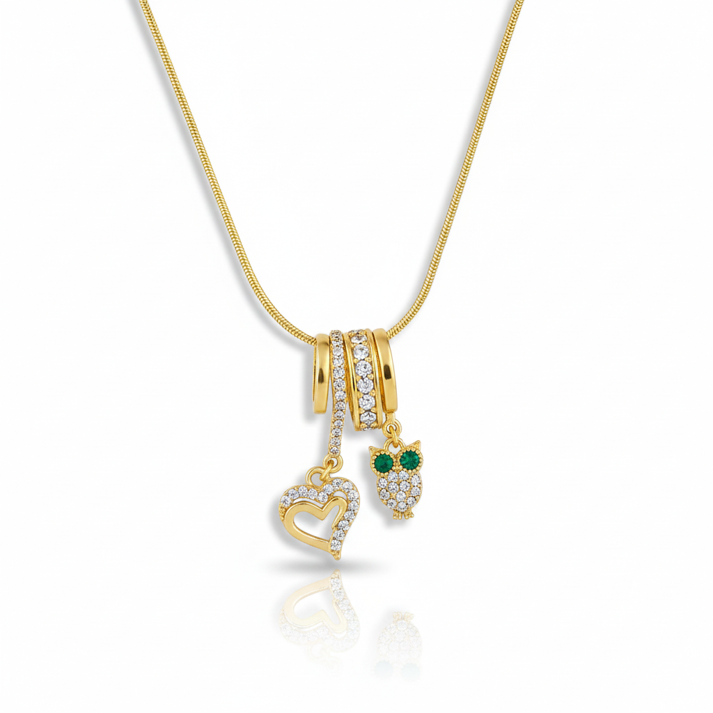 Heart & Emerald-Eyed Owl Pavé Charm Pendant