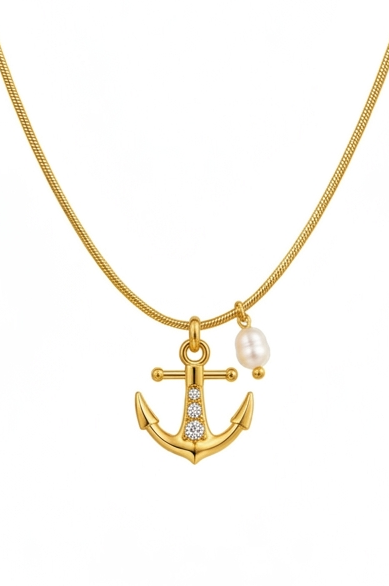 Gold Anchor & Pearl Charm Necklace