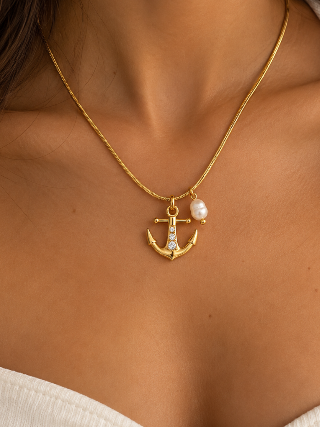 Gold Anchor & Pearl Charm Necklace