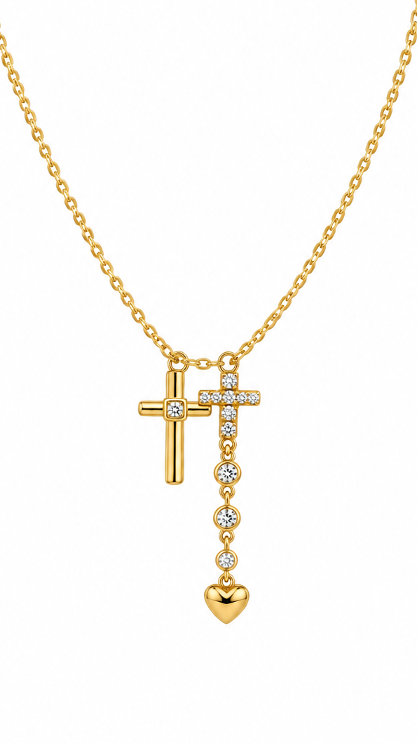 Gold Cross & Heart Charm Necklace