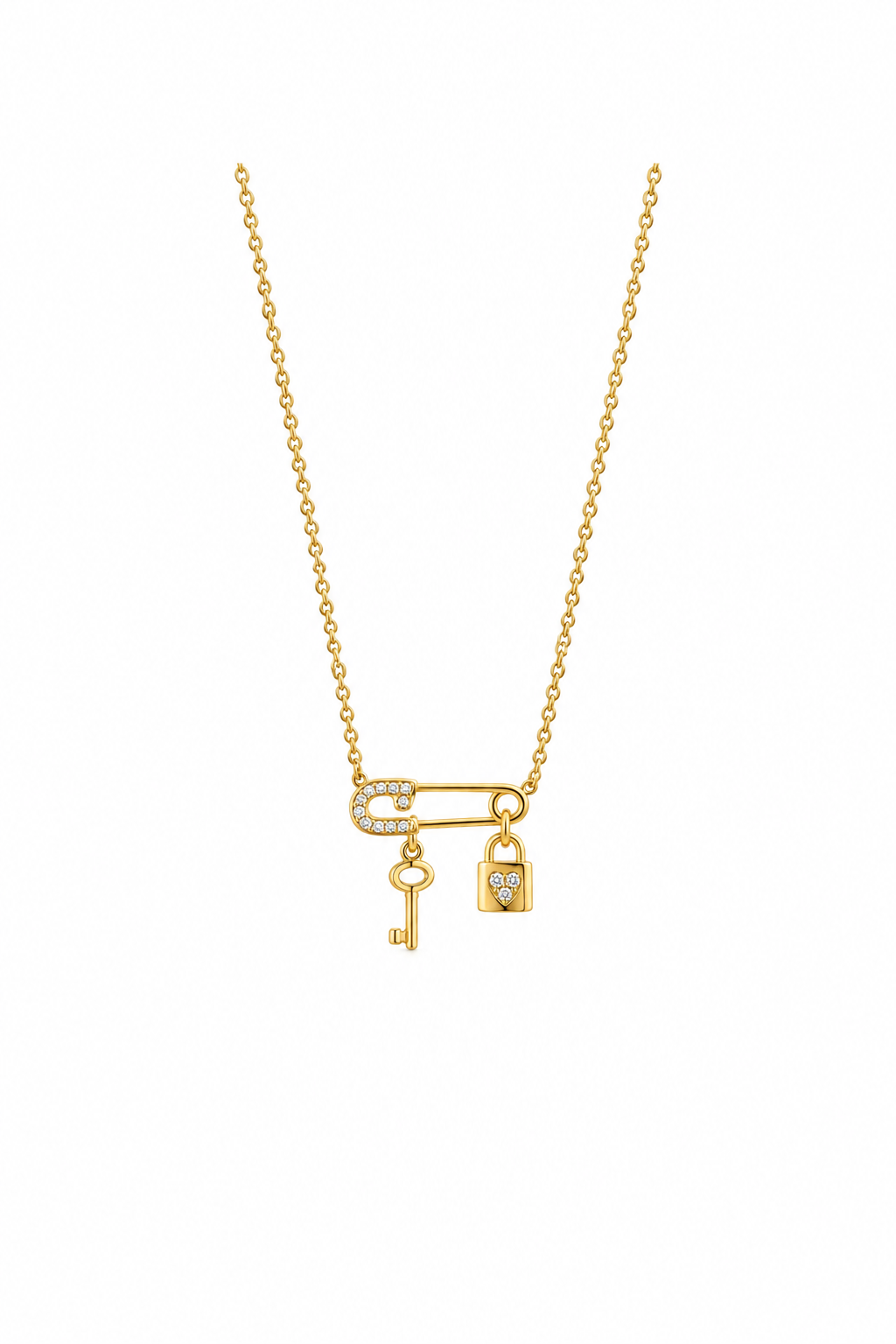 Gold Safety-Pin Lock & Key Necklace