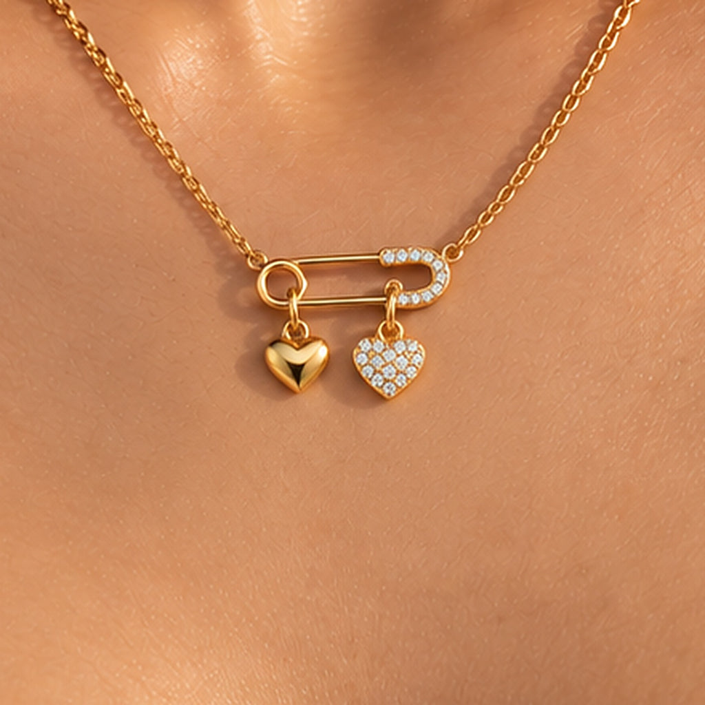 Gold Safety Pin Heart Charm Necklace