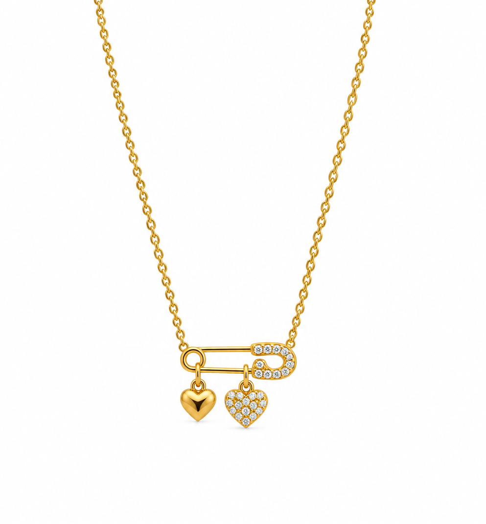 Gold Safety Pin Heart Charm Necklace