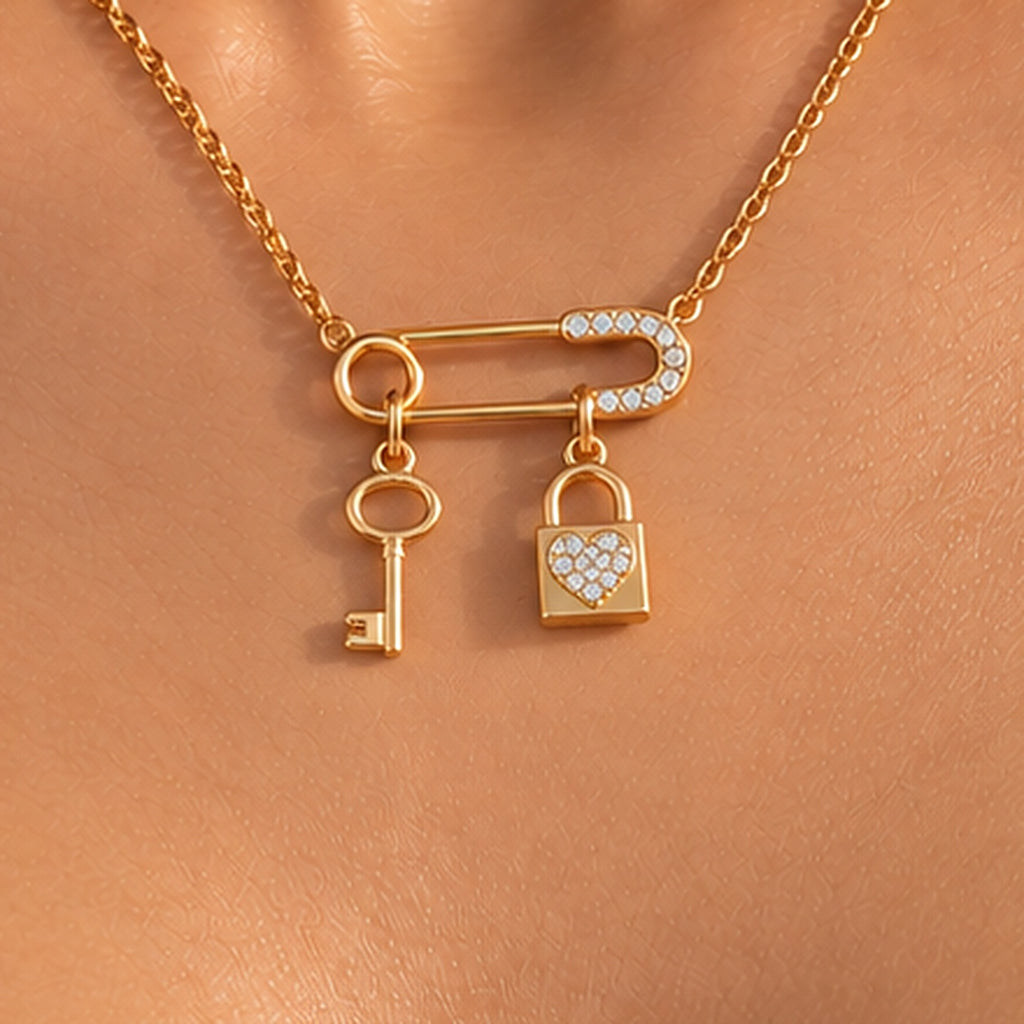 Gold Safety-Pin Lock & Key Necklace