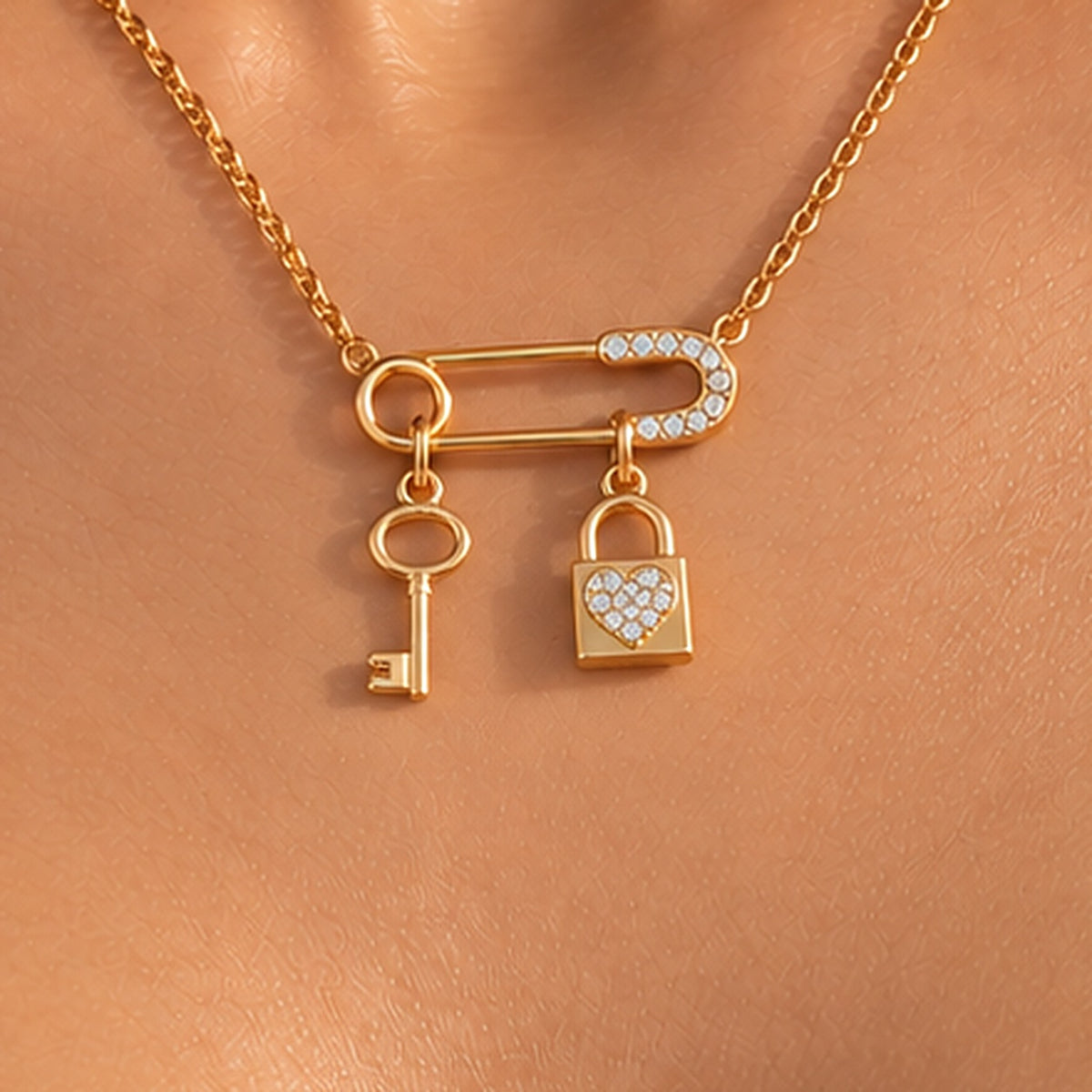 Gold Safety-Pin Lock & Key Necklace