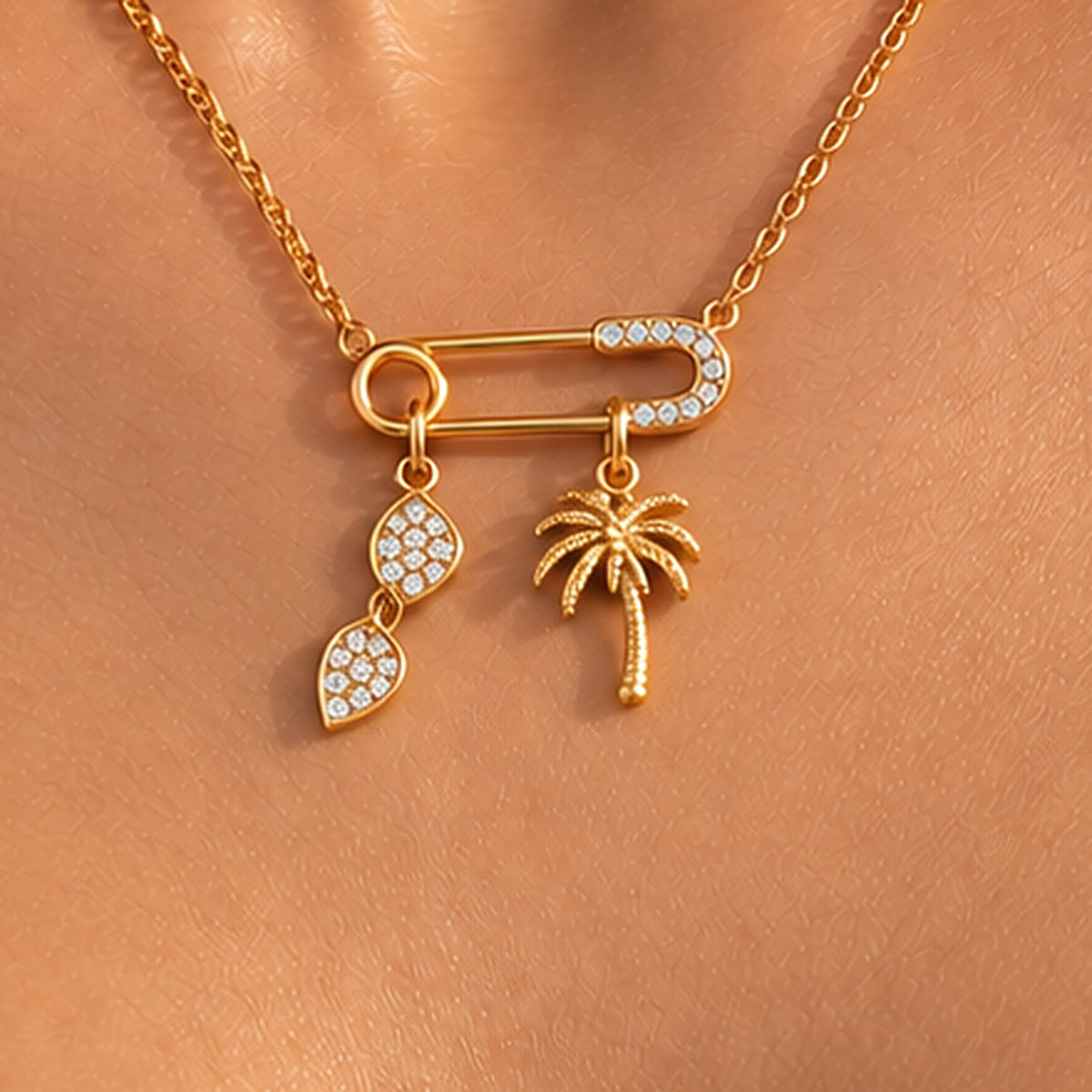 Gold Safety-Pin Palm Tree Necklace
