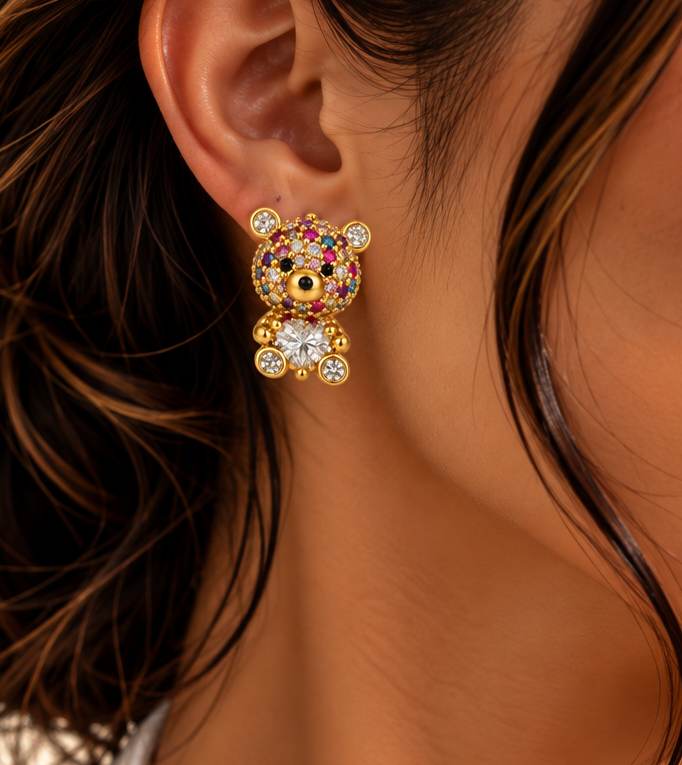 Pavé Teddy Bear Heart Stud Earrings
