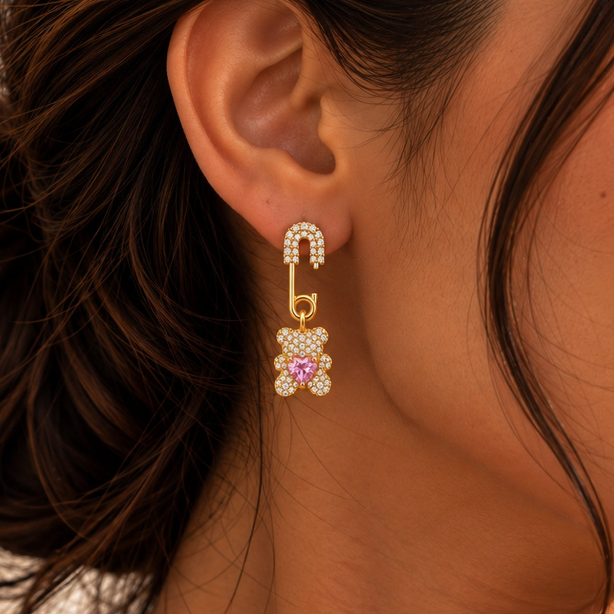 Pink Teddy Bear Crystal Earrings