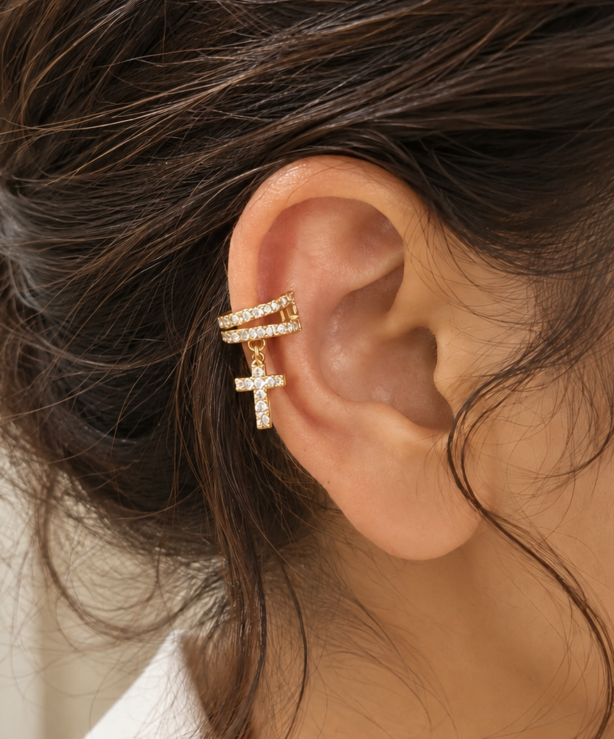 Double Band Cross Charm Ear Cuff