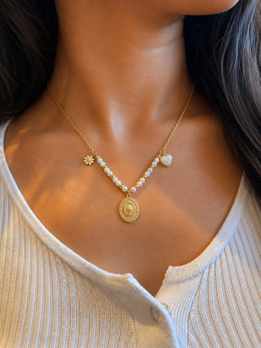 Daisy Pearl Charm Necklace
