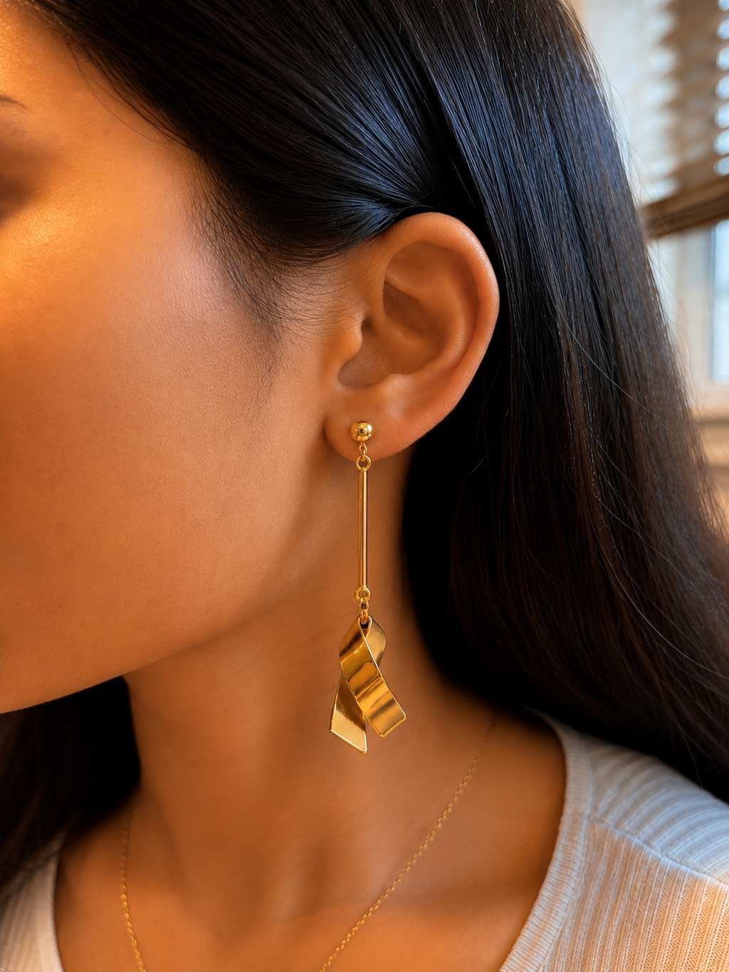 Golden Ribbon Drop Earrings 2in1