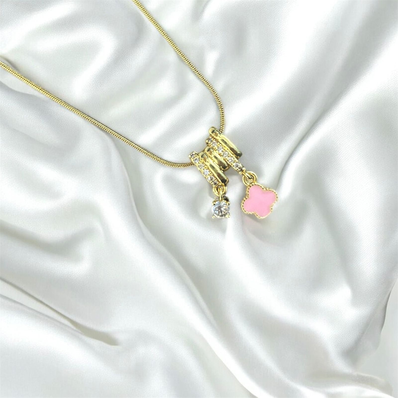 Pink Clover & Solitaire Charm