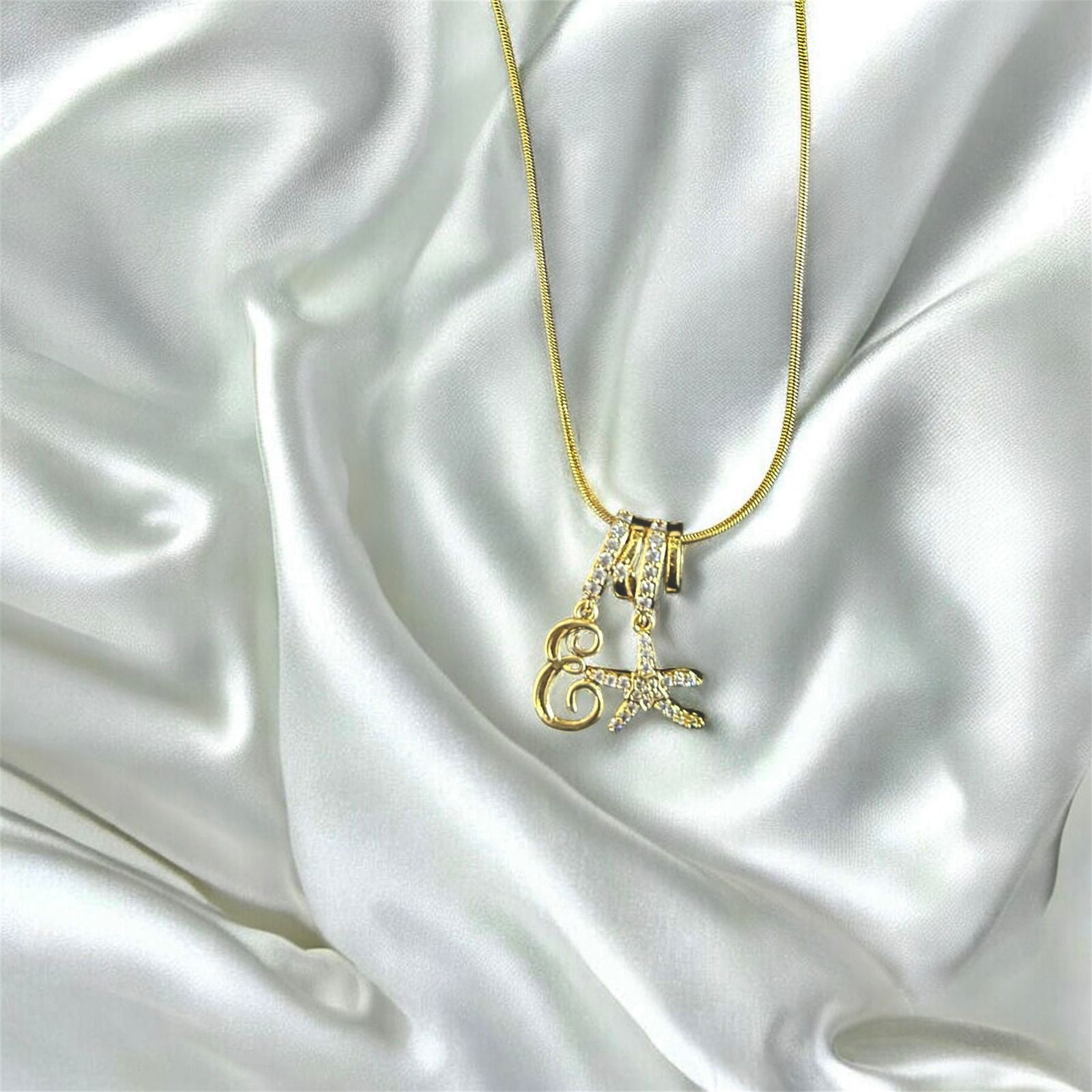 CZ Starfish Charm and 'E' Initial Layering Necklace