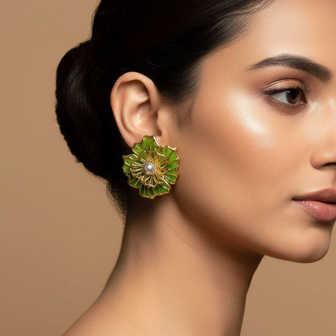 Green Floral Studs